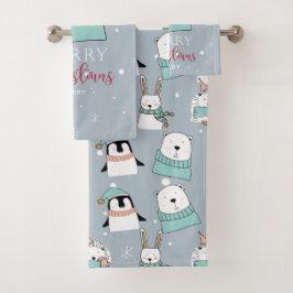 Personalisierte Weihnachtstiere Cartoon Stil Badhandtuch Set