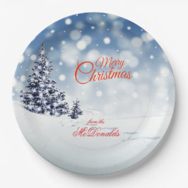 Personalisierte Weihnachtstischdecke mit Schnee un Pappteller