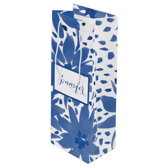 Personalisierte Weine Blumenmuster Blaue Geschenkt Geschenktüte Für Weinflaschen (Vorderseite Schrägansicht)