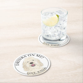 Personalisierte Weißcreme Golden Doodle Hochzeit Runder Pappuntersetzer