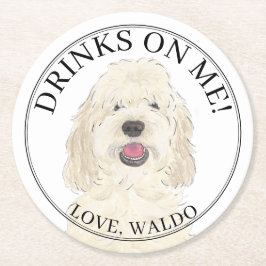 Personalisierte Weißcreme Golden Doodle Hochzeit Runder Pappuntersetzer