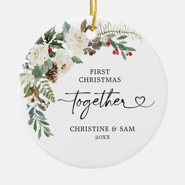 Personalisierte Weiße Flora Erstes Weihnachtsfest Keramik Ornament (Vorne)