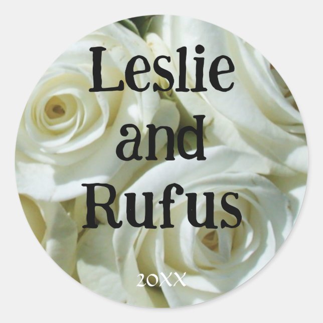 Personalisierte weiße Rosen Hochzeitsaufkleber Runder Aufkleber (Vorderseite)