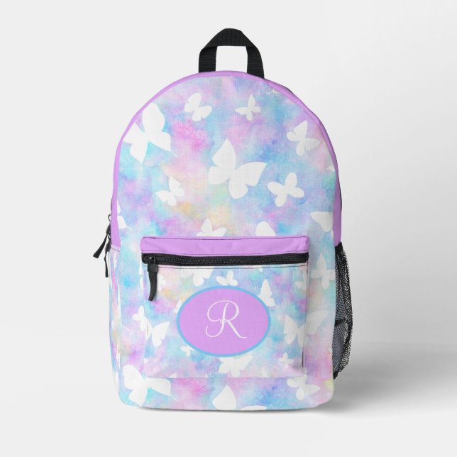 Personalisierte weiße Schmetterlinge auf Rosa & Bl Bedruckter Rucksack (Vorderseite)