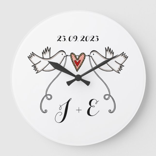 Personalisierte weiße Tauben Hochzeitsgeschenk Acr Große Wanduhr (Vorderseite)