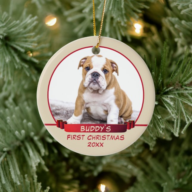 Personalisierte Welpe 1 Weihnachtsmann Foto Rot Keramik Ornament (Baum)