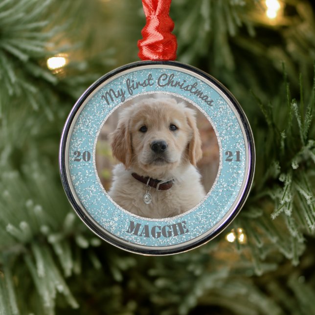 Personalisierte Welpe's erstes Weihnachtsfest Foto Ornament Aus Metall (Baum)