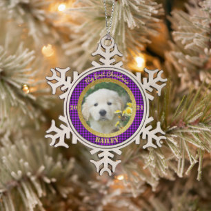 Personalisierte Welpe's erstes Weihnachtsfest Foto Schneeflocken Zinn-Ornament