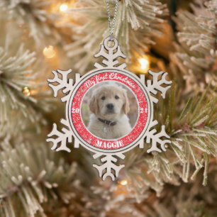 Personalisierte Welpe's erstes Weihnachtsfest Foto Schneeflocken Zinn-Ornament
