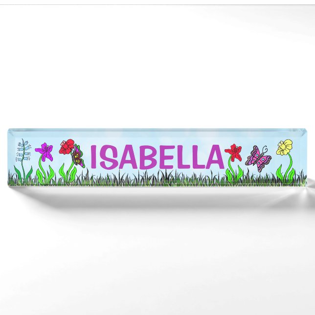 Personalisierte Whimsikäre Blume und Schmetterling Namensplakette (Vorderseite)