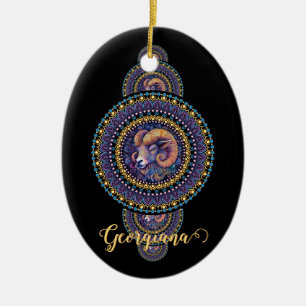 Personalisierte Whimsischer Aries Ornamental Manda Keramik Ornament