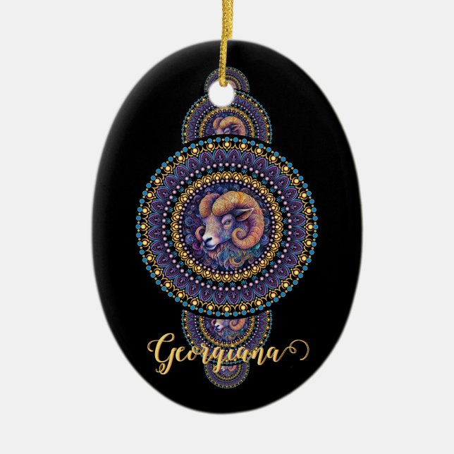 Personalisierte Whimsischer Aries Ornamental Manda Keramik Ornament (Vorne)