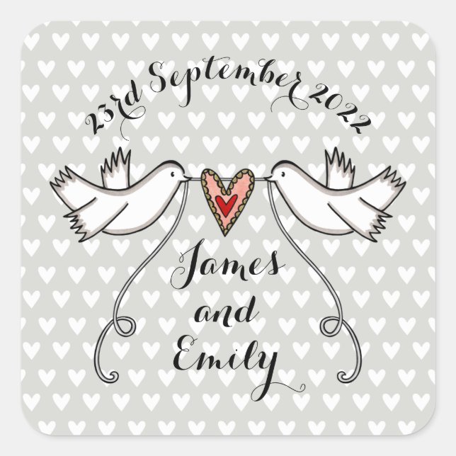 Personalisierte White Doves Hochzeitstickermarken Quadratischer Aufkleber (Vorderseite)