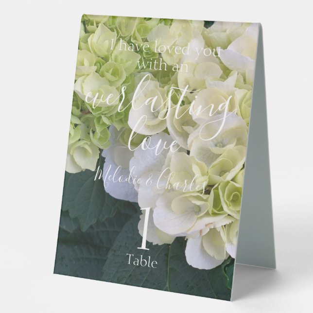 Personalisierte White Hydrangea Wedding Liebe Tischaufsteller (Vorderseite)