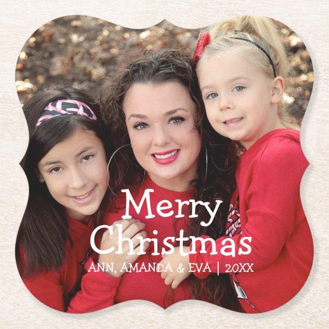 Personalisierte White Script Frohe Weihnachten Fot Untersetzer (Vorderseite)