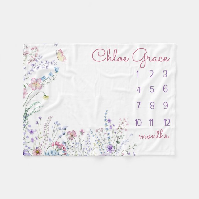PERSONALISIERTE WILDBLUME Baby Girl Milestone Blan Fleecedecke (Vorderseite (Horizontal))