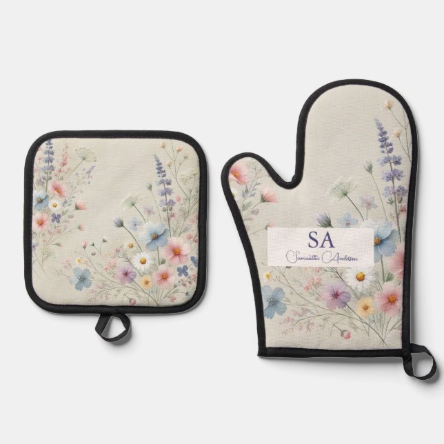Personalisierte Wildblume Oven Mitt & Pot Holder Ofenhandschuh & Topflappen-Set (Vorderseite)
