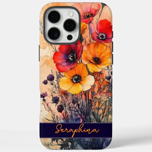 Personalisierte Wildblume Poppies Dark Red & Yello iPhone 16 Pro Max Hülle (Rückseite)