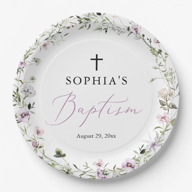 Personalisierte Wildblume Taufe Papier Teller (Vorderseite)