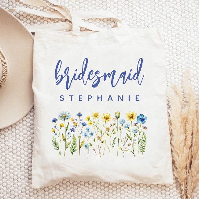 Personalisierte Wildblumen Blue Script Bridesmaid Tragetasche (Von Creator hochgeladen)