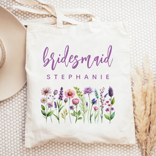 Personalisierte Wildblumen Lila Script Bridesmaid Tragetasche (Von Creator hochgeladen)
