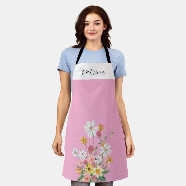 Personalisierte Wildblumen Rosa Schürze (Getragen)