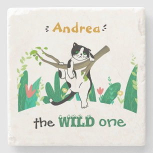 Personalisierte Wildtiere einer Tuxedo Katze Kinde Steinuntersetzer