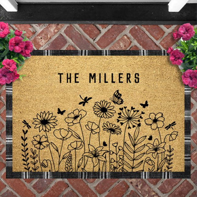 Personalisierte Willkommens-Türmatte mit Wildblume Fußmatte (Wildflower Line Art Personalized Doormat | Custom Text Welcome Mat Housewarming Gift)