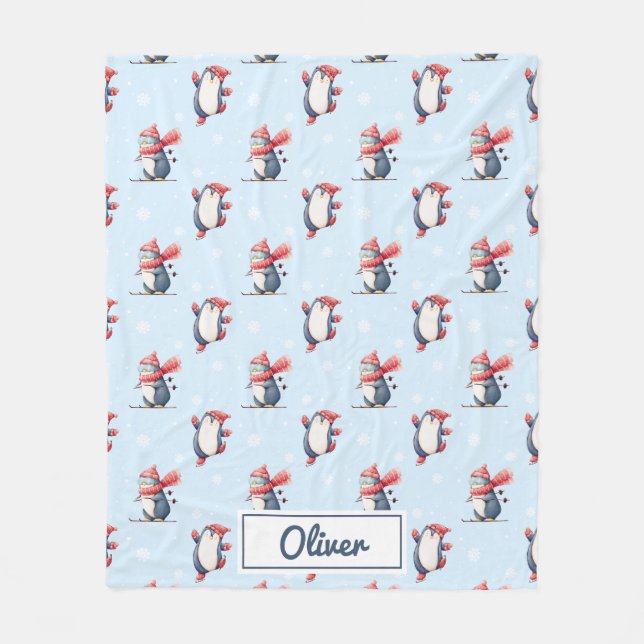 Personalisierte Winter-Pinguin-Jungen-Fliesblanke Fleecedecke (Vorderseite)