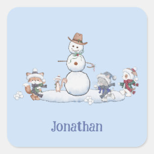 Personalisierte Winterschneeballkämpfertiere Quadratischer Aufkleber
