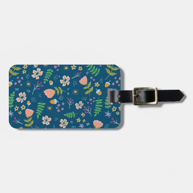Personalisierte Woodland Floral Navy Blauer Gepäck Gepäckanhänger (Vorderseite horizontal)