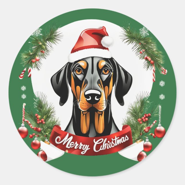 Personalisierte Xmas Doberman Dog Frohe Weihnachte Runder Aufkleber (Vorderseite)
