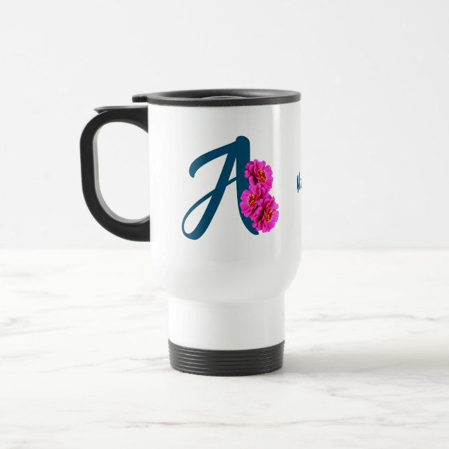 Personalisierte Zinnienblumen-Monogramm-Initiale A Reisebecher (Links)