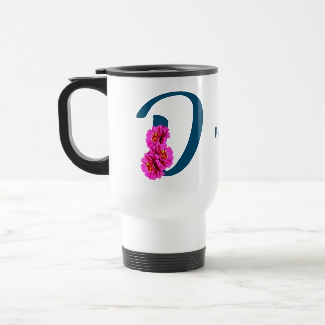 Personalisierte Zinnienblumen-Monogramm-Initiale D Reisebecher (Links)