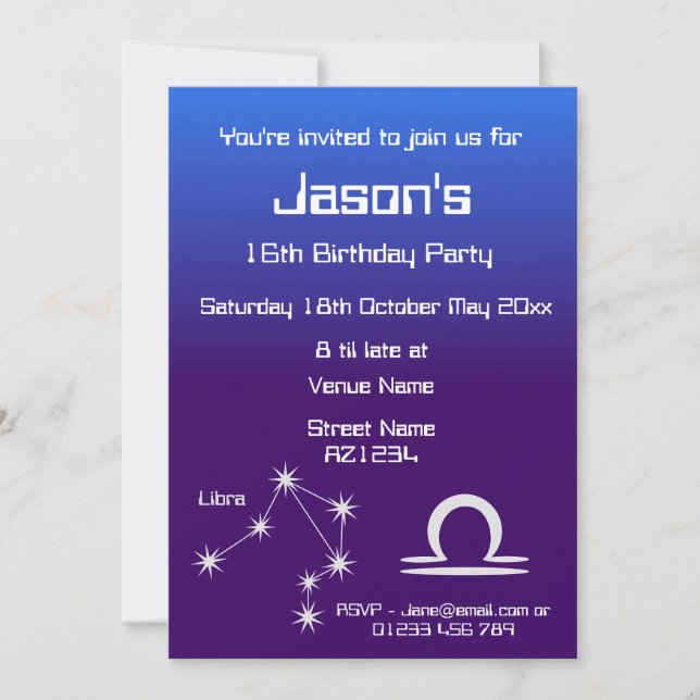 Personalisierte Zodiac Libra Galaxie Party Einladu Einladung (Vorderseite)