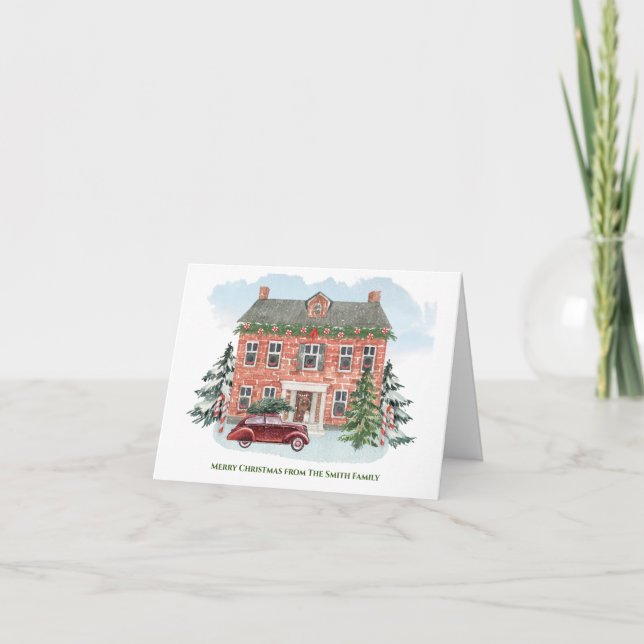 Personalisierte Zuhause und Vintage Car Feiertagskarte (Vorderseite)