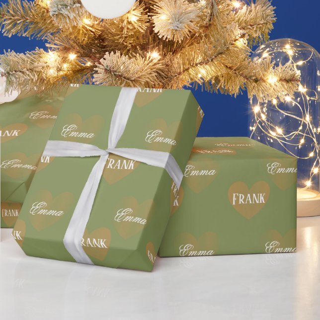 Personalisierte, zweifache, goldene Herzen, Moos-D Geschenkpapier (Feiertage)