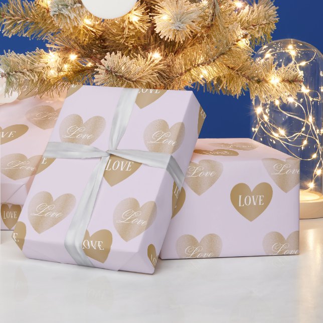 Personalisierte, zweifache, goldene Herzen, rosa S Geschenkpapier (Feiertage)