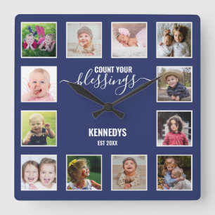 Personalisierten 12 Fotokollagenfamilie Segen Blau Quadratische Wanduhr