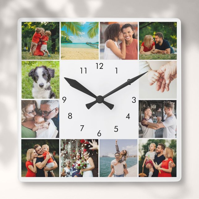 Personalisierten Fotosammlung der 12-Familie Quadratische Wanduhr (Personalized 12 Family Photo Collage Square Wall Clock)