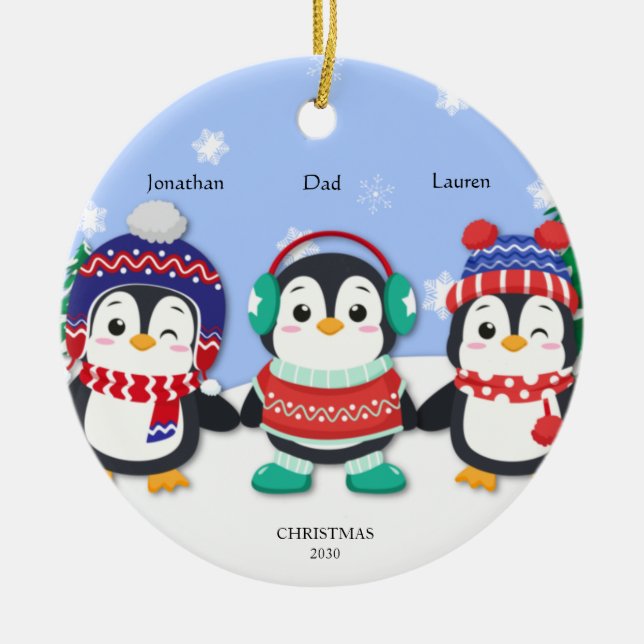 Personalisierten Niedlichen Drei-Pinguin-Schneesze Keramik Ornament (Vorne)