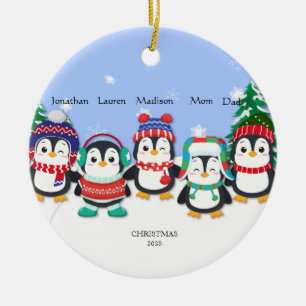 Personalisierten Niedlichen fünf Pinguin-Schneesz Keramik Ornament