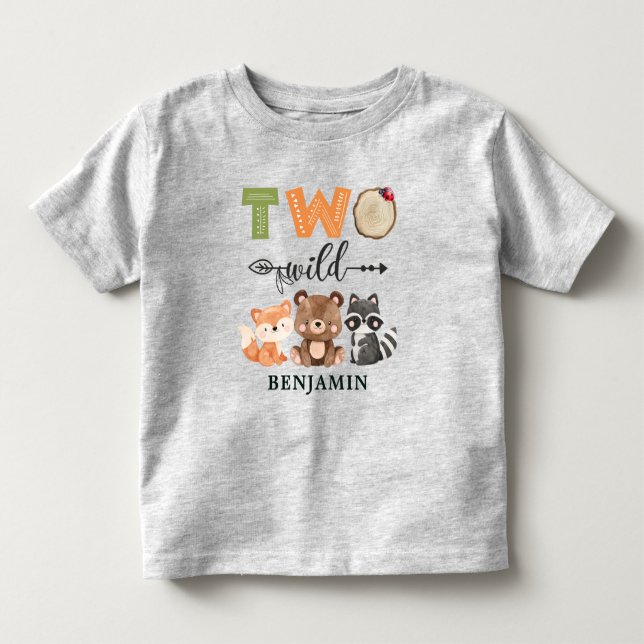 Personalisierten zwei Wild Woodland Animal 2. Gebu Kleinkind T-shirt (Vorderseite)