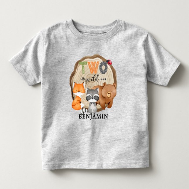 Personalisierten zwei Wild Woodland Animal 2. Gebu Kleinkind T-shirt (Vorderseite)