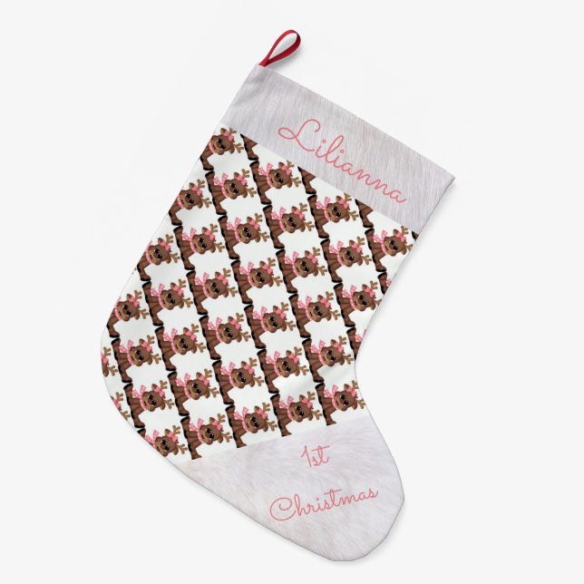 Personalisierter 1. Strumpf/Niedlich Rentier Großer Weihnachtsstrumpf (Vorderansicht (hängend))