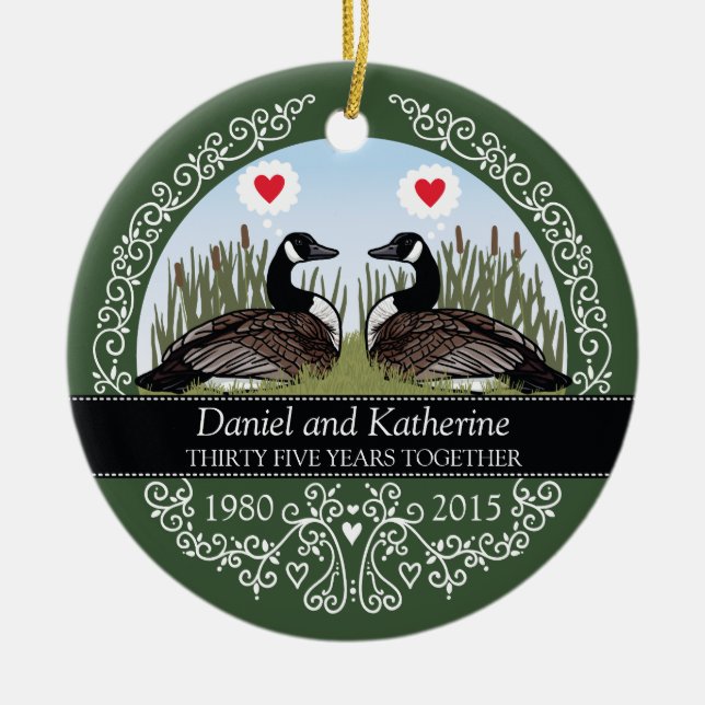 Personalisierter 35. Hochzeits-Jahrestag, Gänse Keramikornament (Vorne)