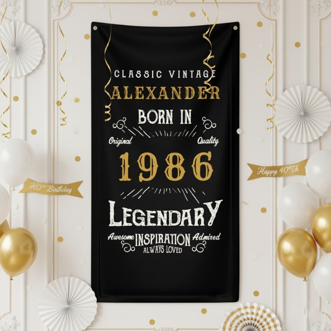 Personalisierter 40. Geburtstag Geboren 1986 Retro Banner (1986 birthday wall banner against a white wall)