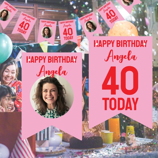 personalisierter 40. Geburtstag Wimpelkette (custom 40th birthday bunting in pink and red with photo and happy birthday 40 and date)