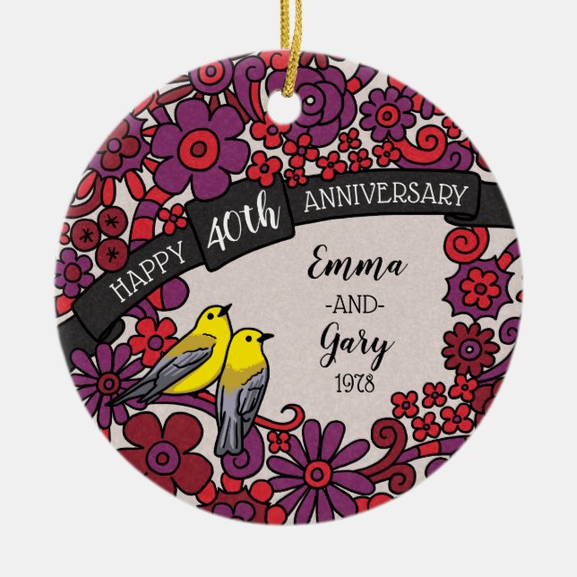 Personalisierter 40. Jahrestag, karminrote Keramik Ornament (Vorne)