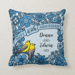 Personalisierter 45. Jahrestags-Saphir-Blumenvogel Kissen